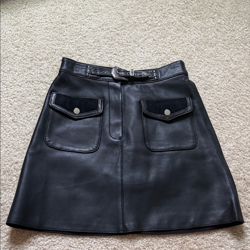 Maje Womens Black Leather Belted Mini Skirt sz 36 Used but in Minty condition